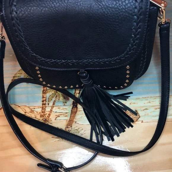 Black Leather Crossbody with Front Tassel - Picture 4 of 15